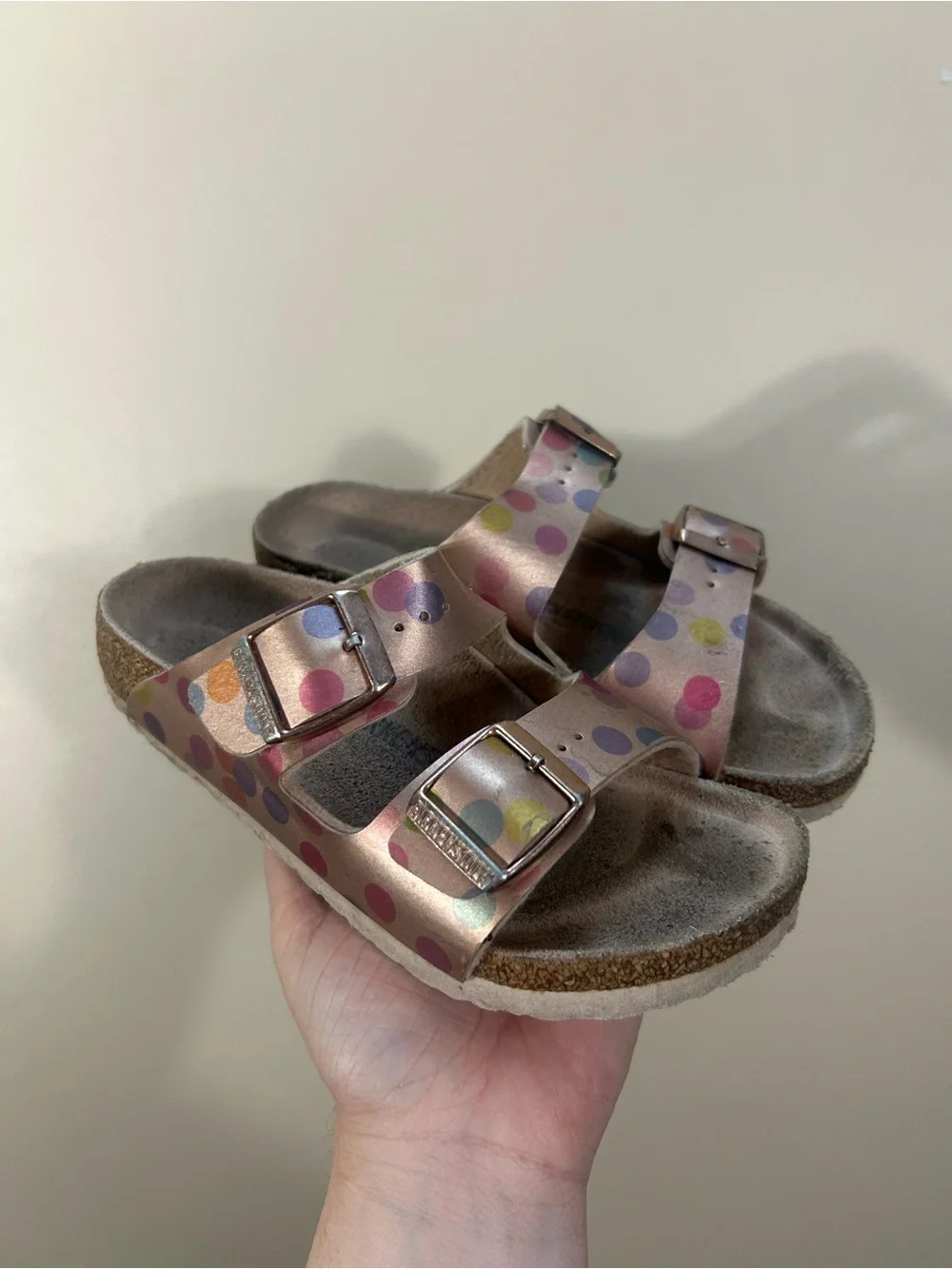 Kids Birkenstock Arizona Pink Polka Dot Two-Strap Sandals Size C12